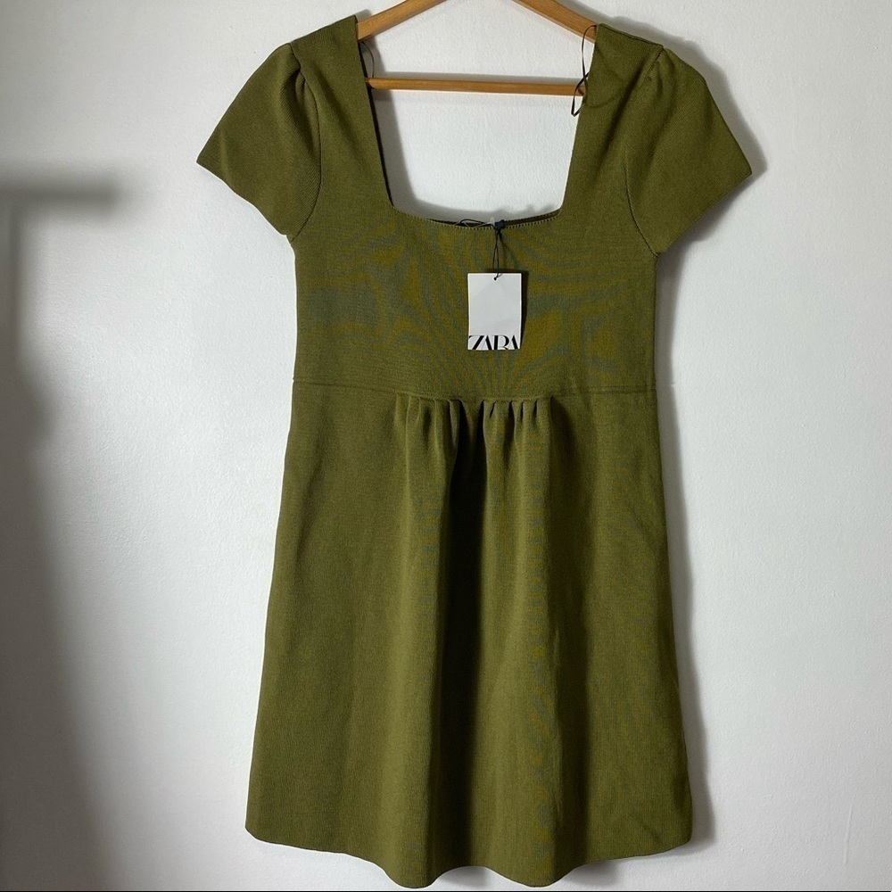Zara Green Stretchy Knit Square Neck Skater Mini Dress - Picture 11 of 12